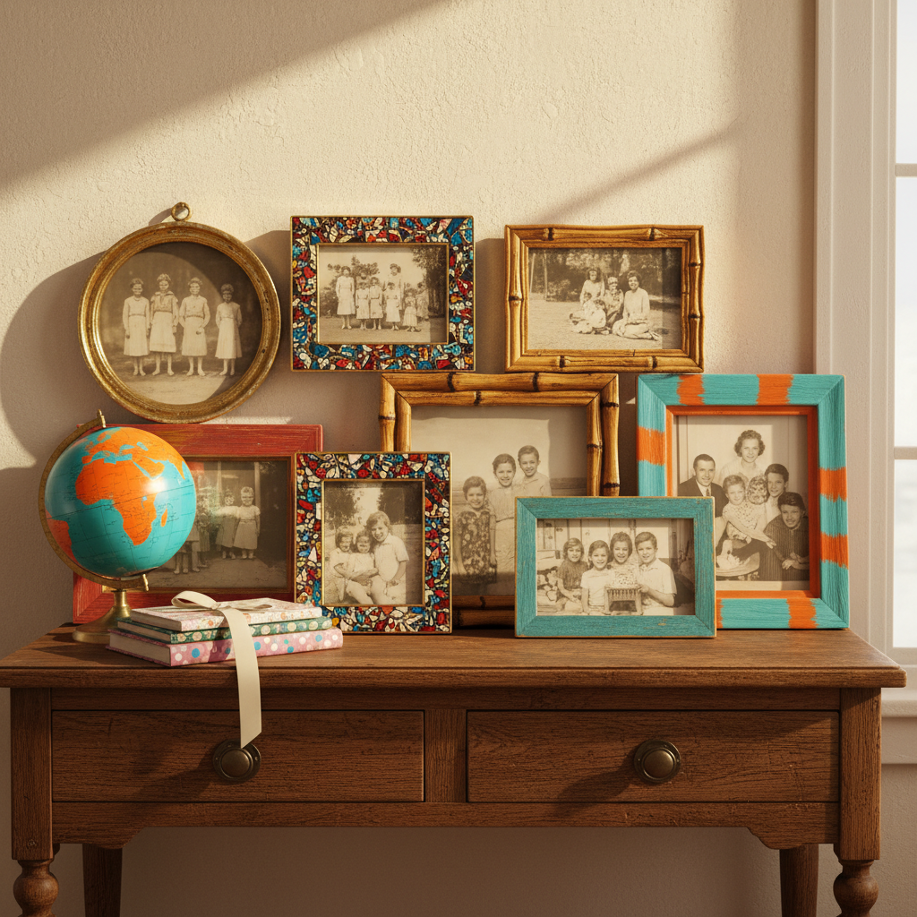 A vintage wooden sideboard topped with a cheerful, mismatched collection of colorful picture frames, each holding softly blurred family photos from different eras of the past 100 years. A small, retro globe with bright oceans and rounded continents sits at one end, beside a stack of patterned fabric-covered journals tied with ribbon. Sunlight from a nearby window creates a golden, energetic glow, highlighting the glossy surfaces of the frames and casting soft, rounded shadows on the wall. Captured at eye level with a wide depth of field, the composition feels playful and lively, a photographic celebration of family history as a joyful, ever-growing collage.
